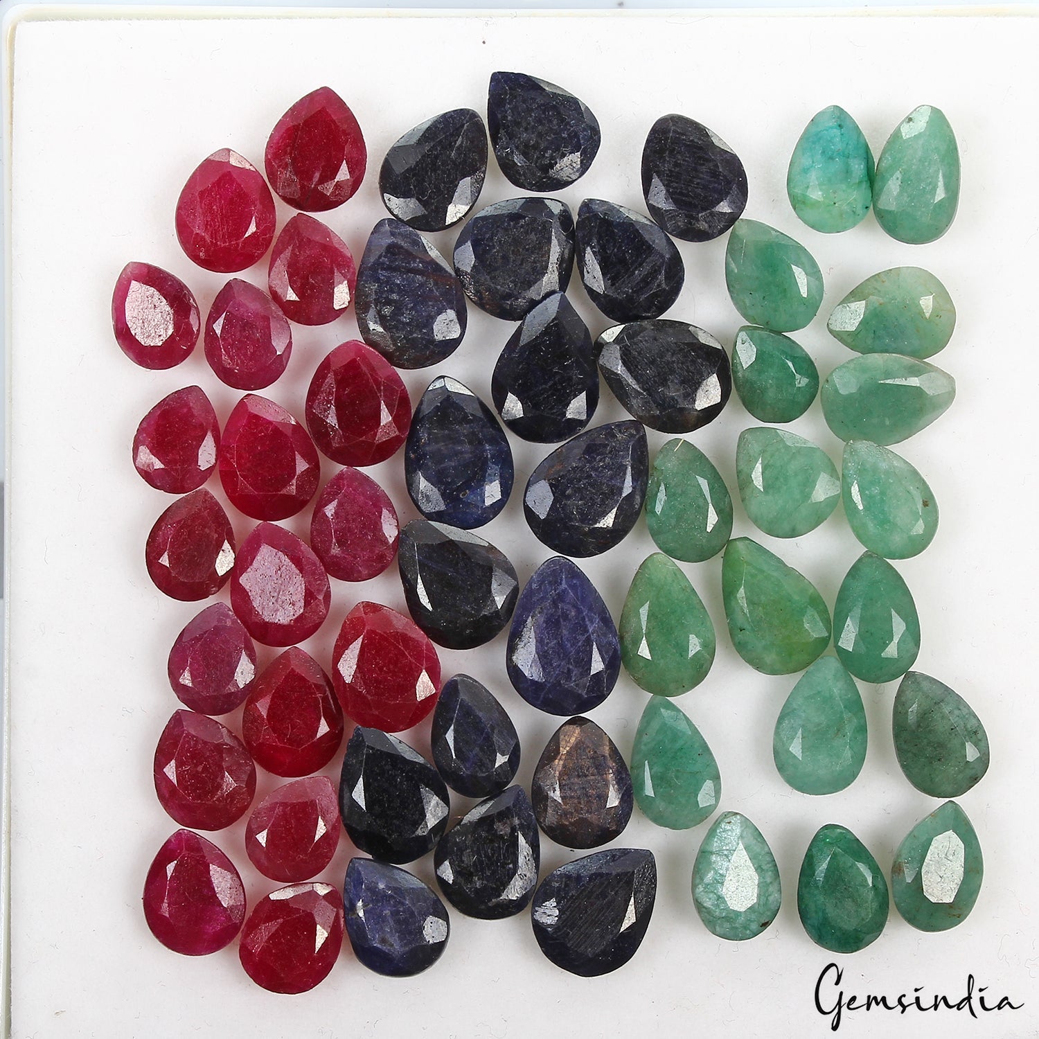 171.70 Ct/54 Pcs Natural Multi Color Ruby Emerald Sapphire Pear Cut Gems 8-12mm