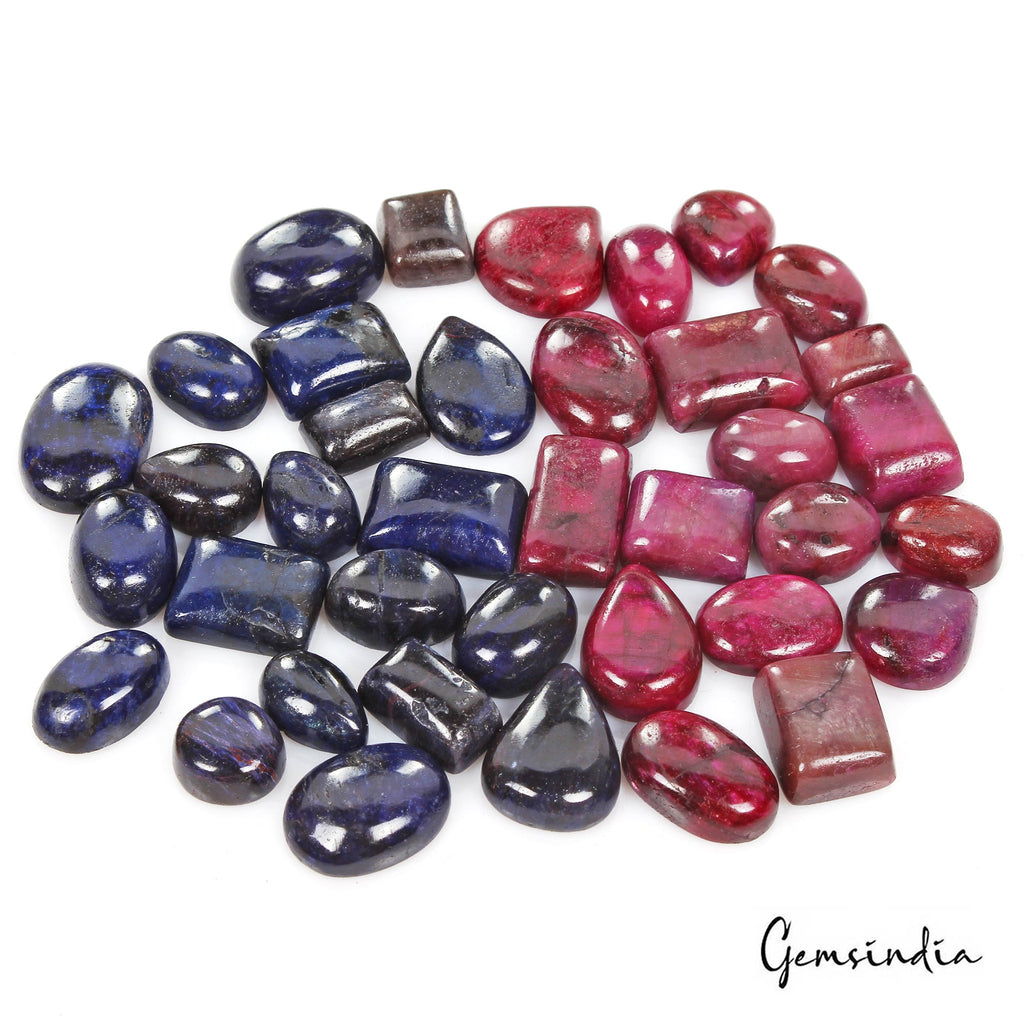600 Cts/38 Pcs Natural Red Ruby Blue Sapphire Mix Cab Loose Gems Lot For Jewelr