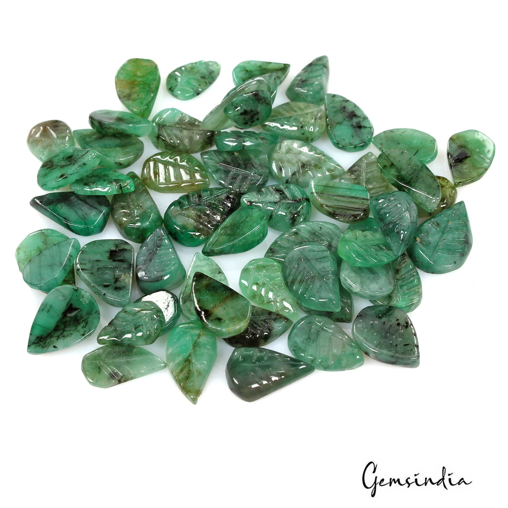 Certified 82 Ct/55 Pcs Natural Untreated Green Emerald Leaf Hand Carved Gems