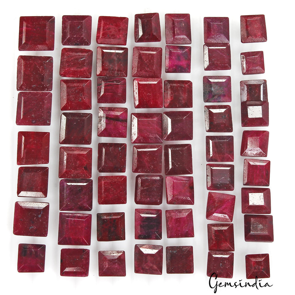 Certified 700 Cts/57 Pcs Natural Red Ruby Square Cut Loose Gems Lot For Jewelry
