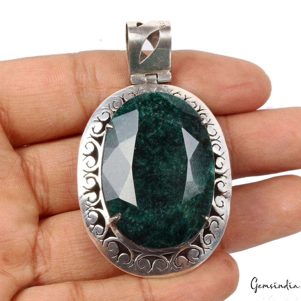 38.87 Gms Certified Natural Emerald Huge 925 Sterling Silver Exquisite Pendant