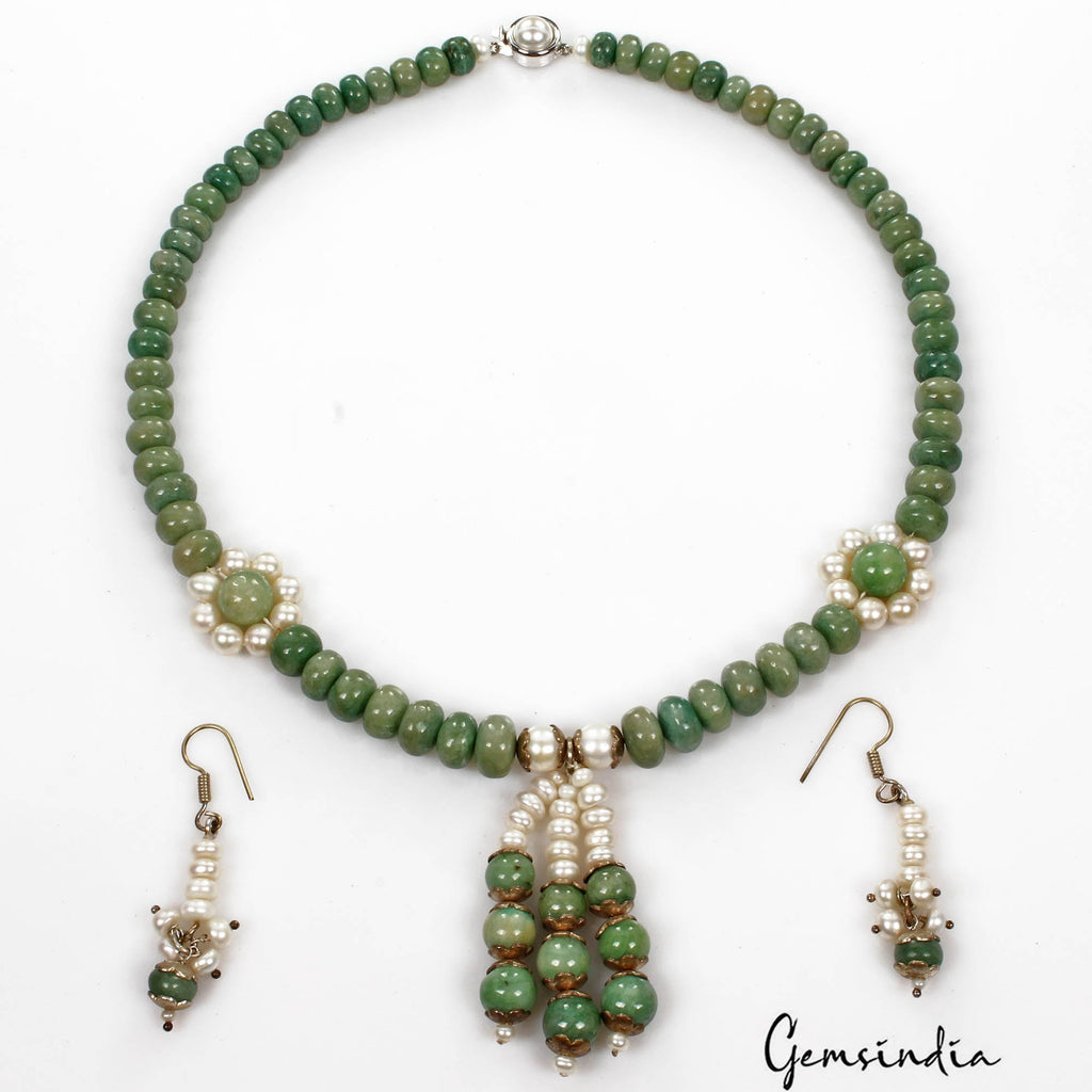 433 Cts Natural Green Emerald Freshwater Pearl Round Beaded Handmade Jewelry Set