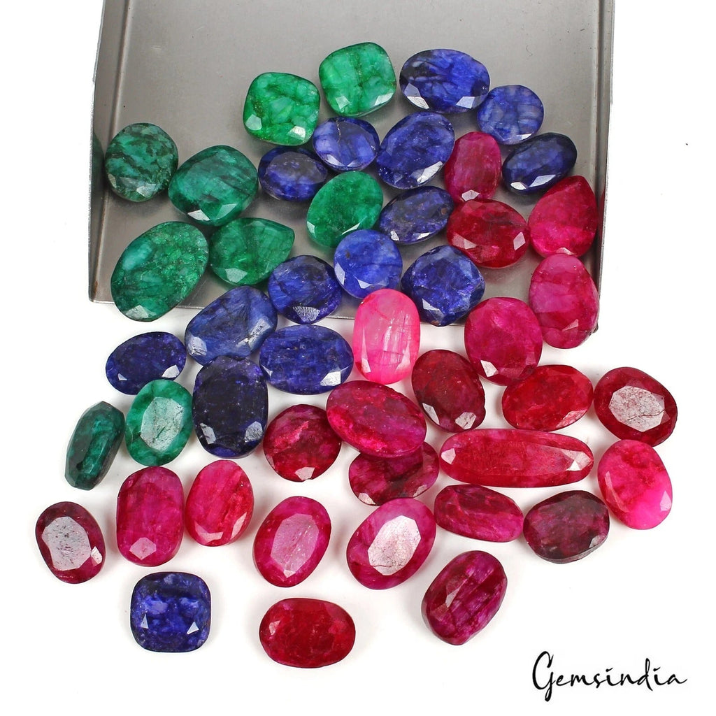 Natural Blue Red Beryl & Emerald Mix Faceted Wholesale Gems Lot 420 Ct/ 47 Pcs
