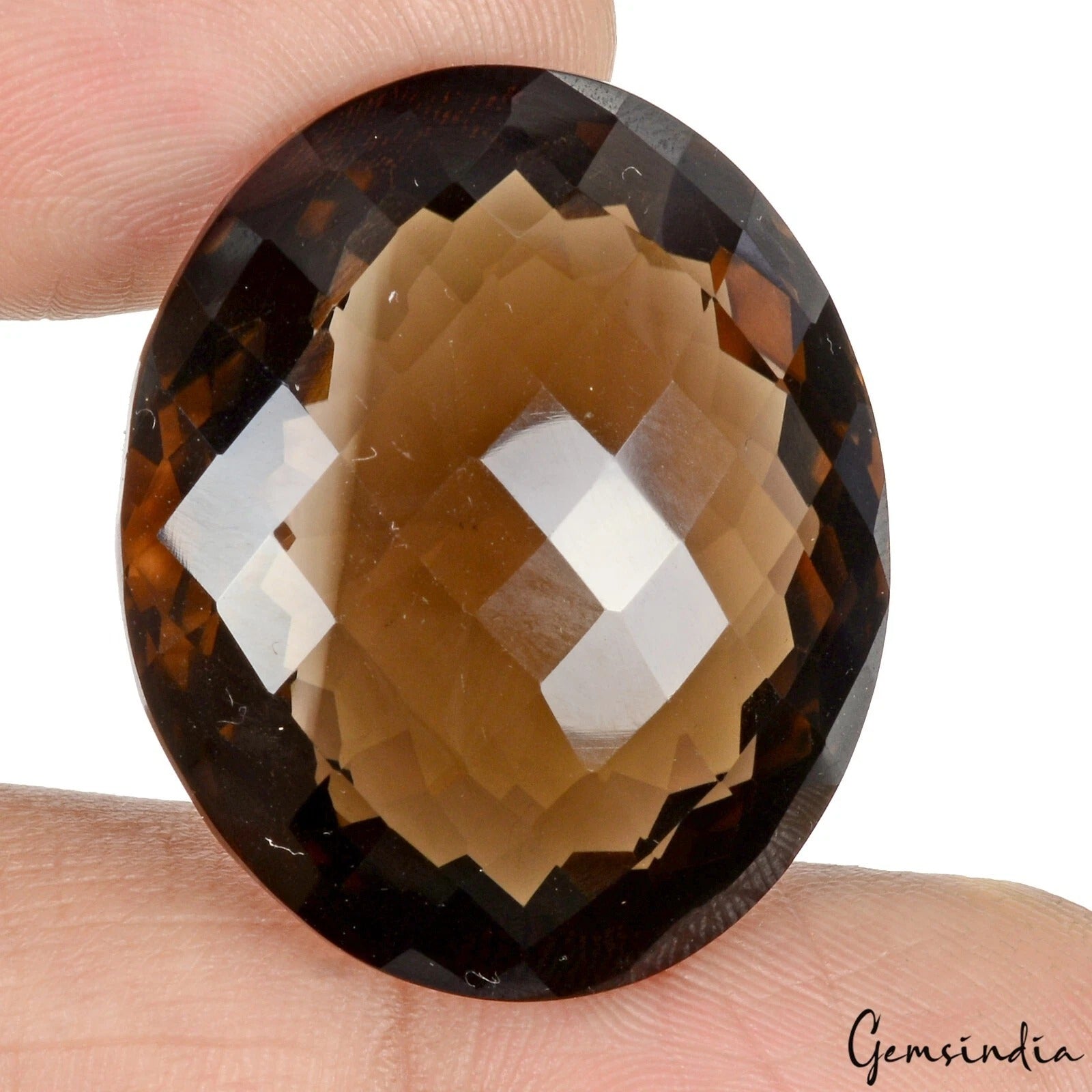 Smoky Quartz Loose Gemstone, Oval Checker Cut, Untreated — 31x25x15mm, 74.60 Ct, Madagascar