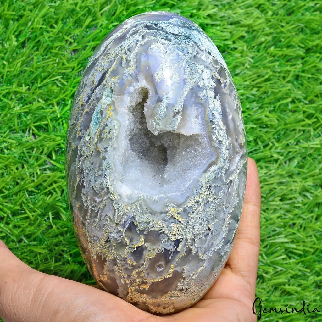 1.1 Kg Natural Dendrite Moss Agate Druzy Crystal Egg Geode Specimen Reiki Decor