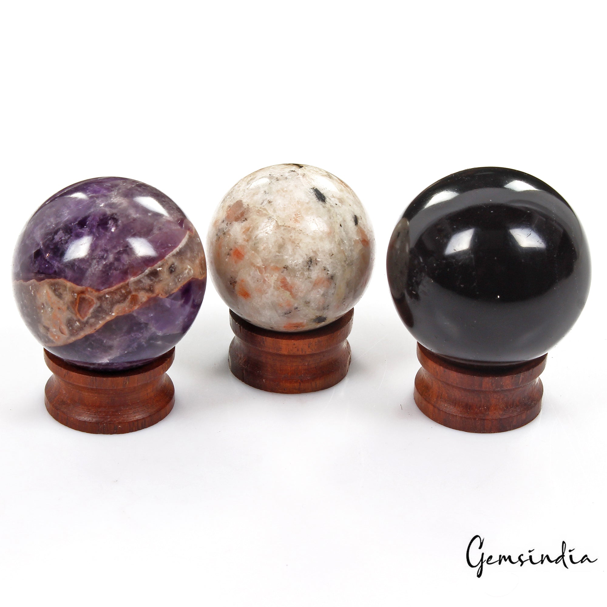 1190 Ct/3 Pcs Natural Untreated Multi Healing Crystal Gems Sphere Lot With Stand