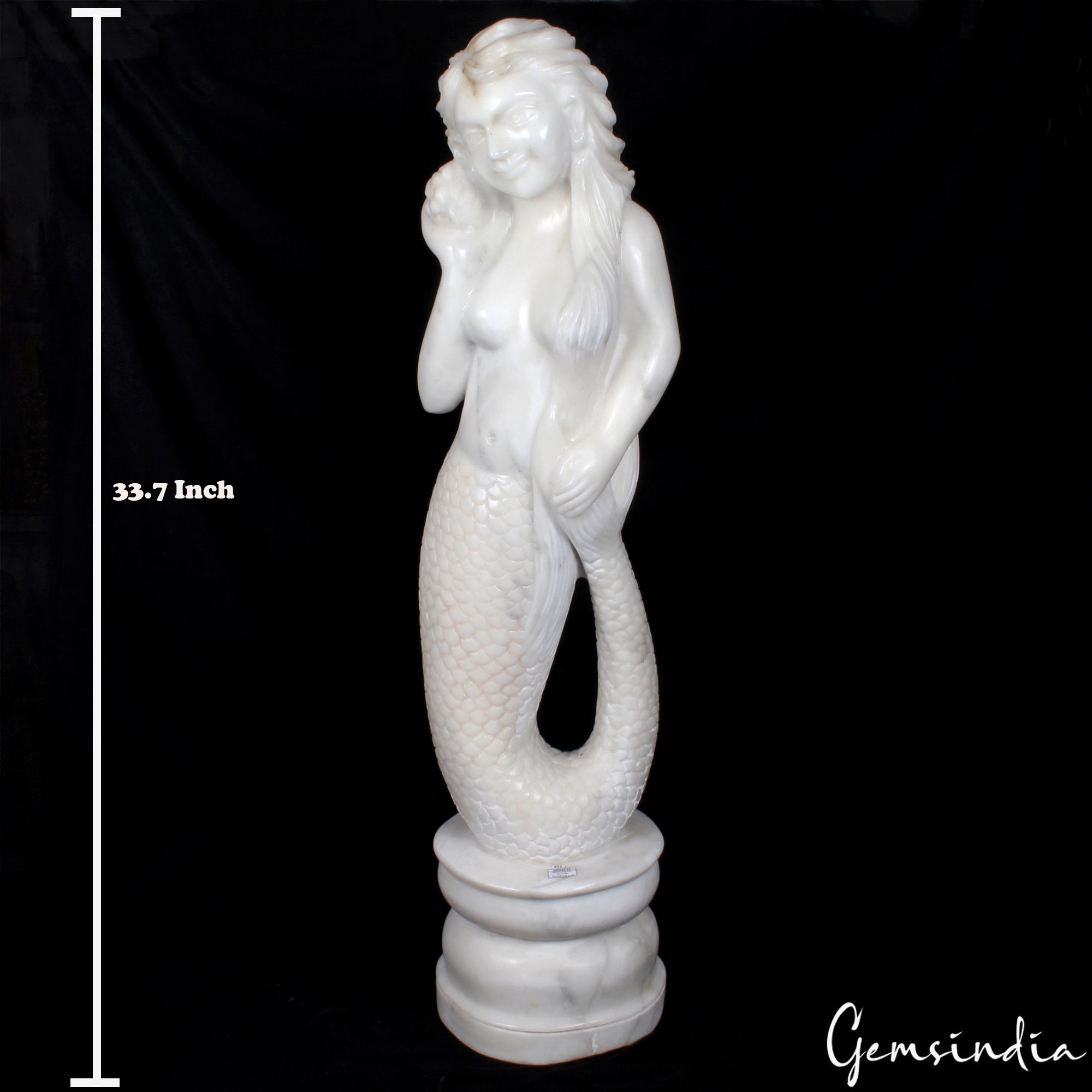 Mermaid Statue X-Large 33.7" White Marble Sculpture Handmade Home/Porch Decor