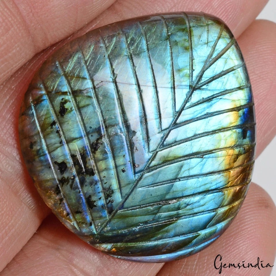 65.60 Cts Natural Carved Labradorite 36x35mm Pear leaf Flashy Pendant Size Gems
