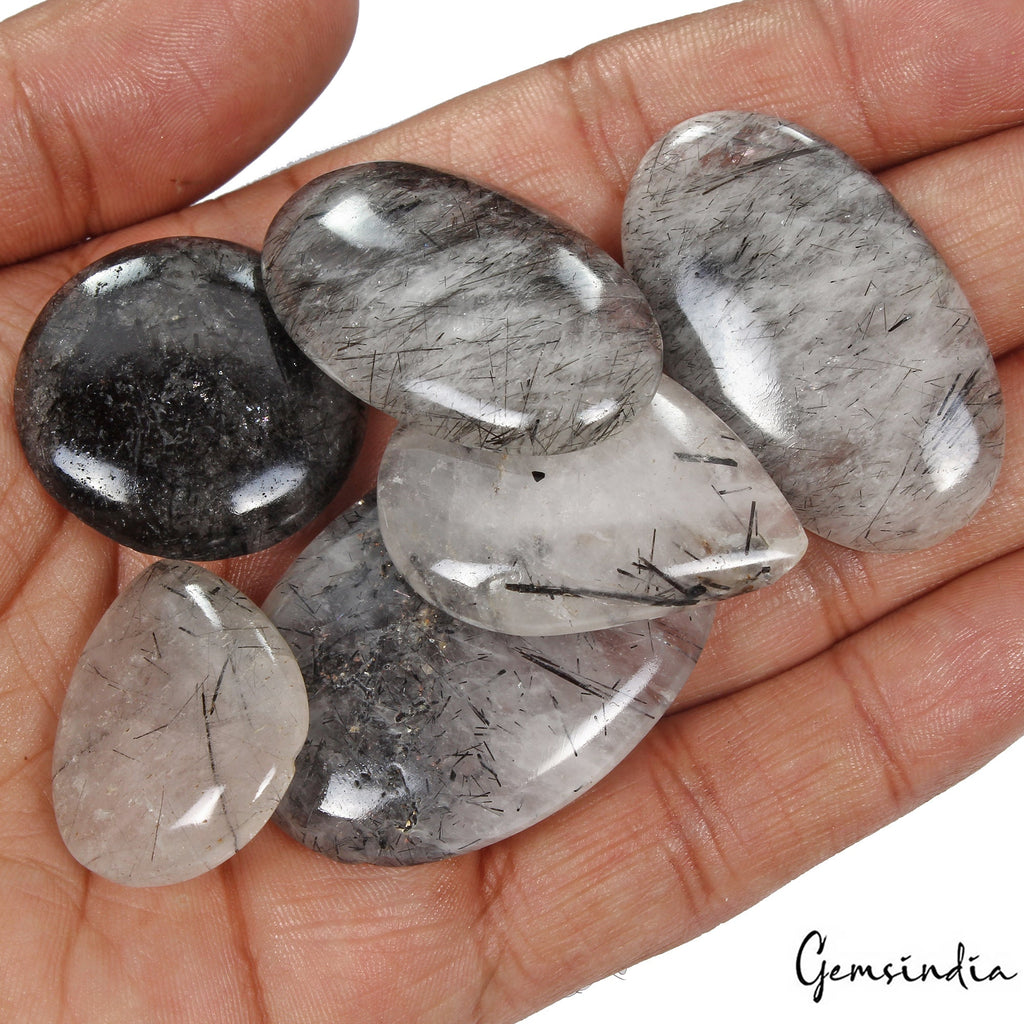 380 Cts/6 Pcs Natural Untreated Black Wire Rutile Quartz Mix Cab Loose Gems Lot