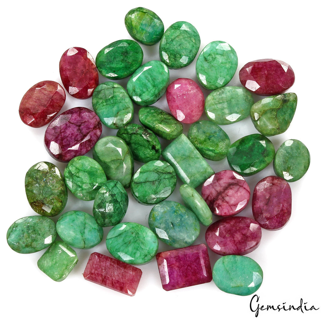 400 Cts/36 Pcs Natural Red Beryl Green Emerald Mixed Cut Loose Gems For Jewelry