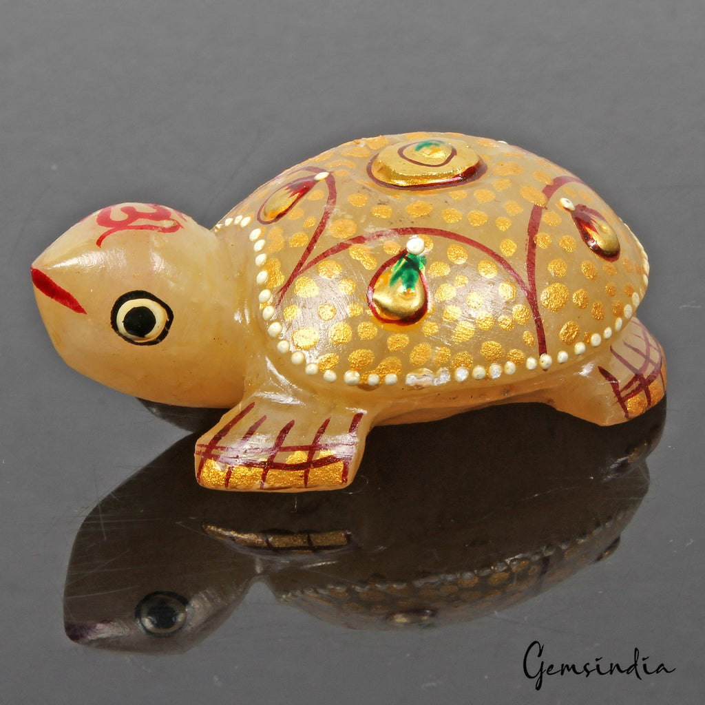 280 Cts Natural Untreated Yellow Aventurine Turtle Carved Golden Patined Statue
