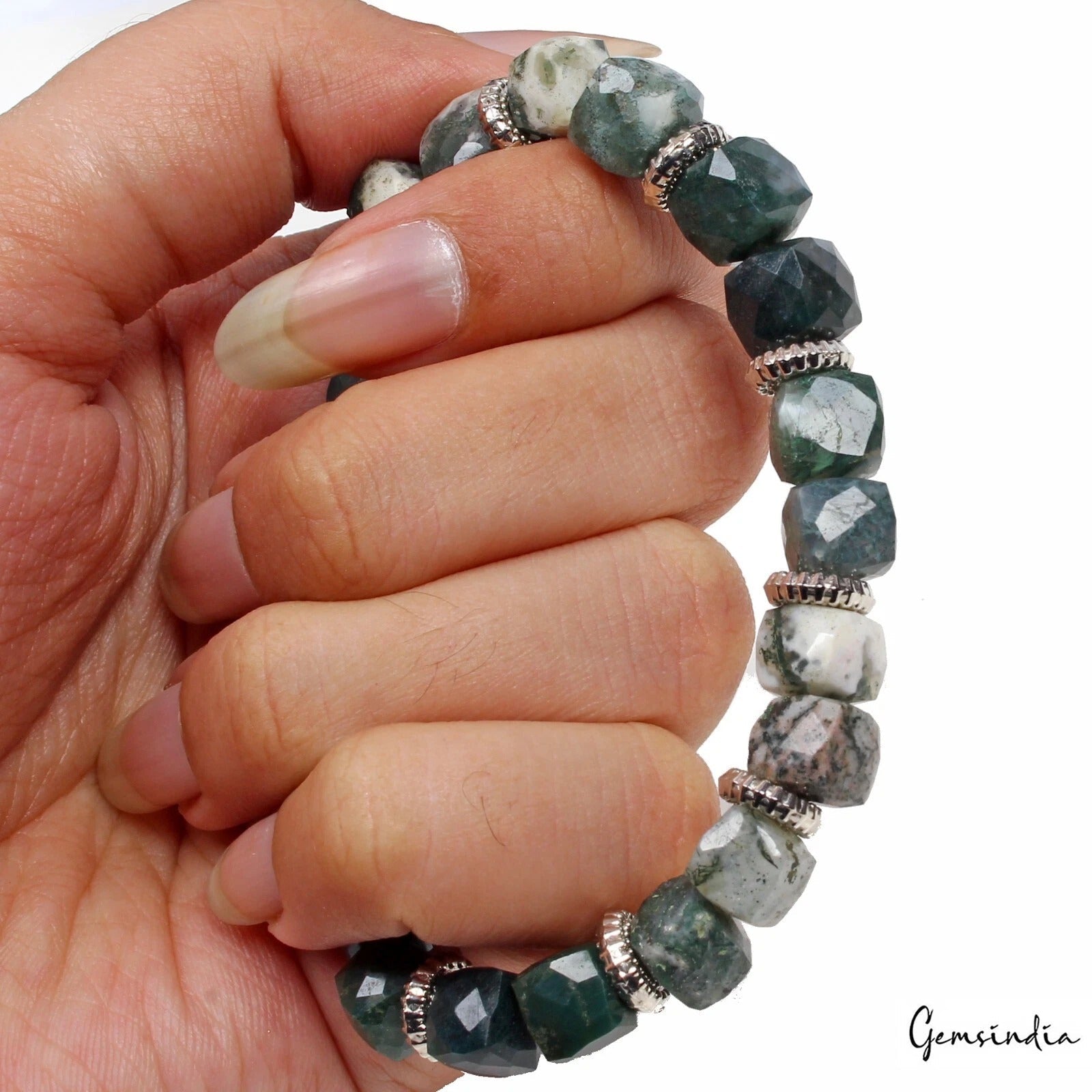 92.10Ct Natural Untreated Bi-color Moss Agate Dice Cut Bead Stretchable Bracelet