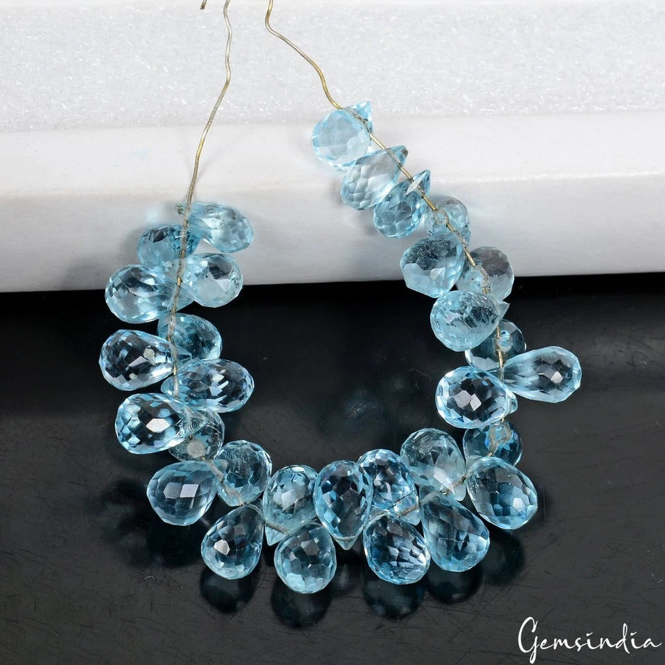 31 Pcs Natural London Blue Topaz 7mm-9mm Loose Pear Drop Faceted Bead/Briolettes