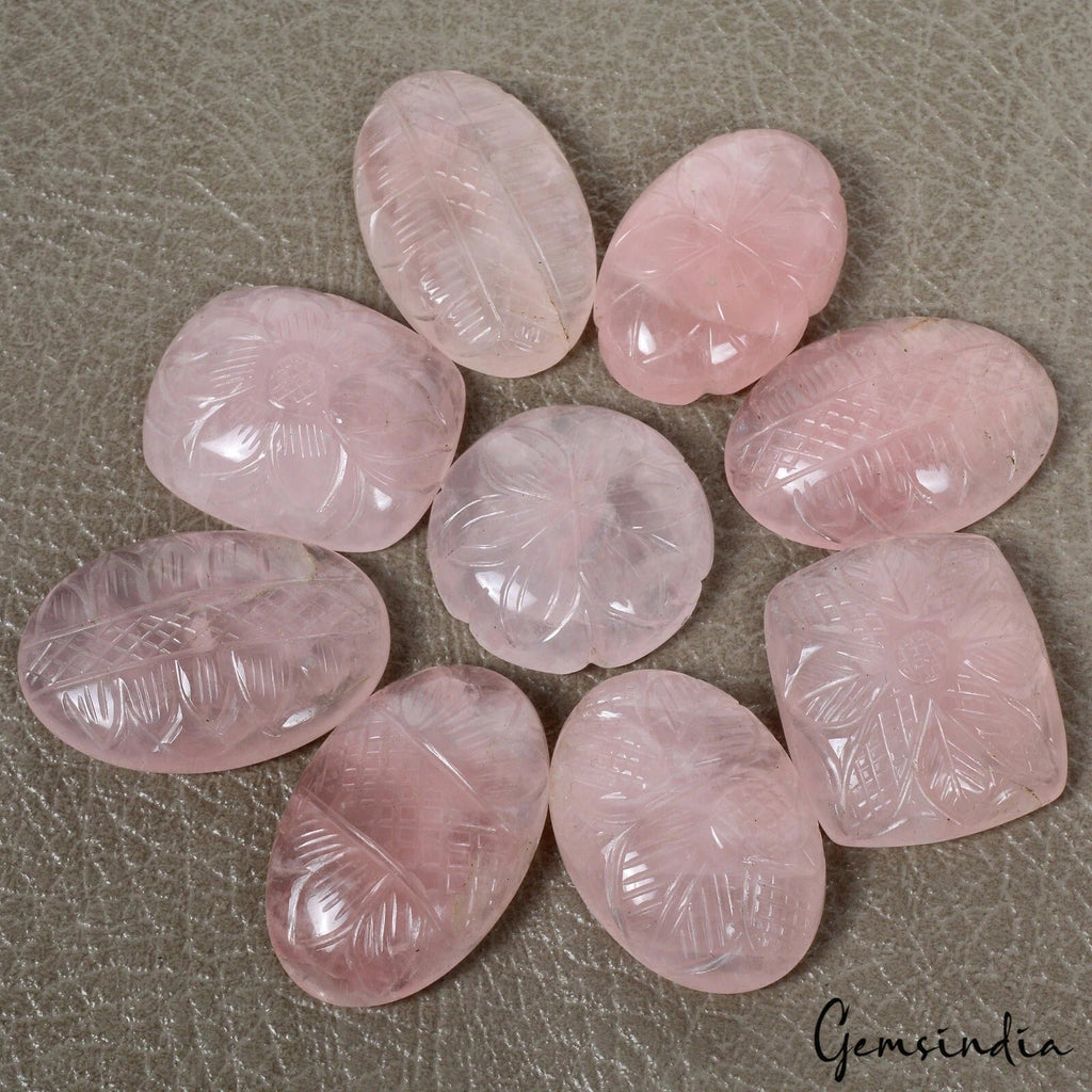 660 Ct/9 Pcs Natural Untreated Pink Rose Quartz Hand Carved Gems Lot For Jewelry