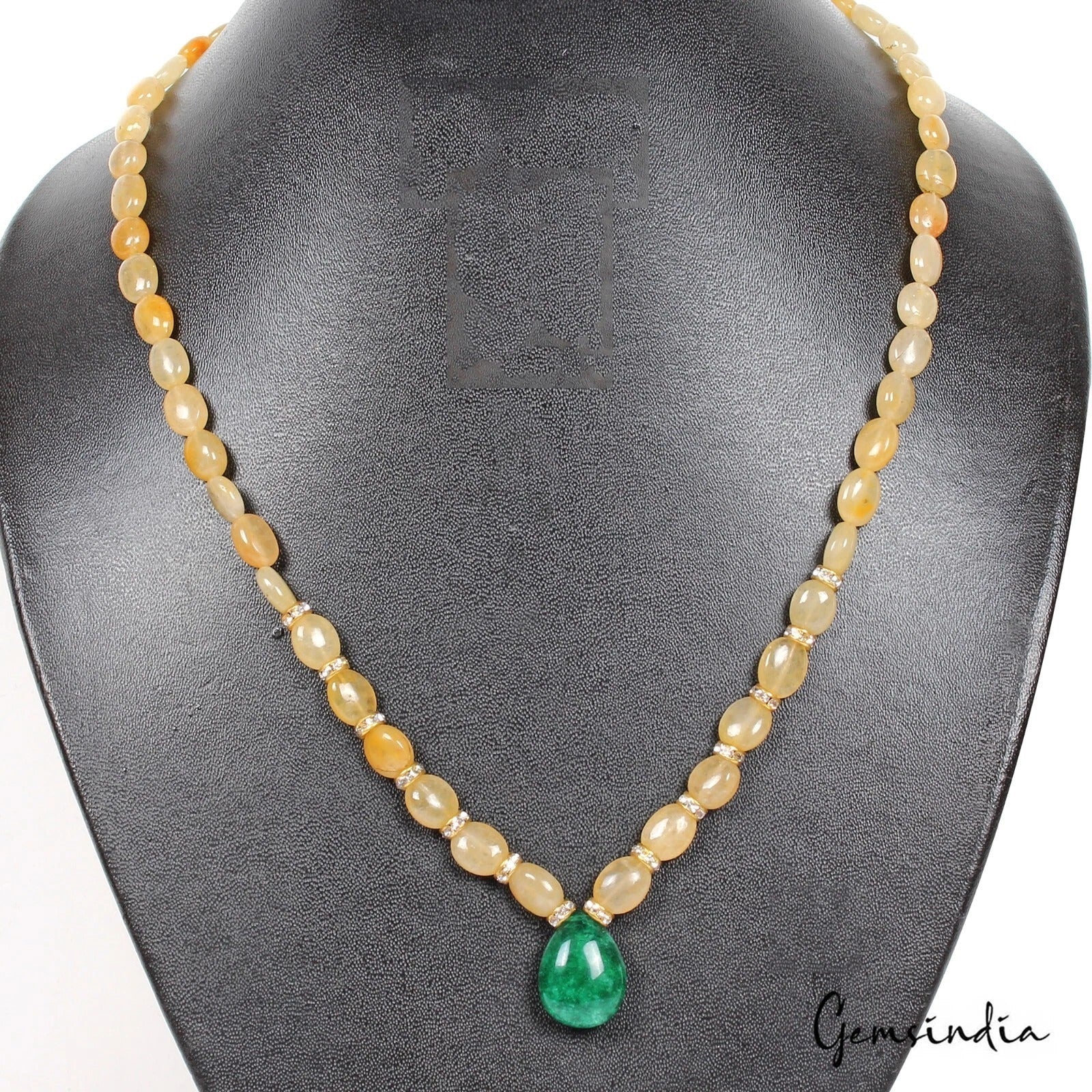 149.80 Cts Natural Yellow Quartz Green Emerald Beaded Single Strand Necklace 20"
